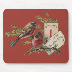 New Year Birds Antique Holiday Card Mouse Pad