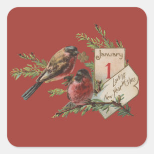New Year Birds Antique Holiday Card Square Sticker