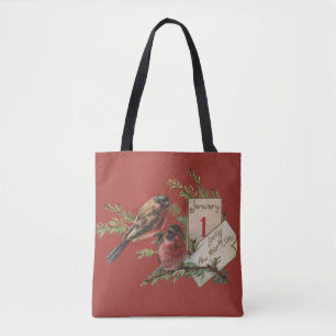 New Year Birds Antique Holiday Card Tote Bag