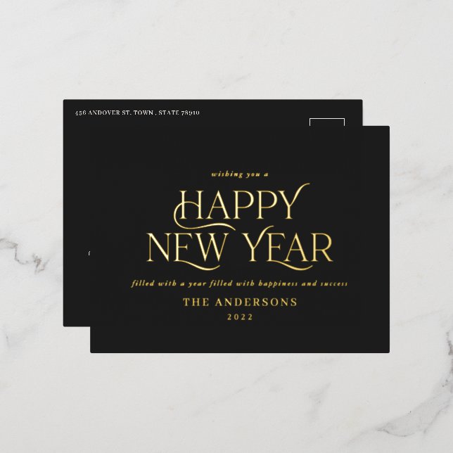 New year black elegant minimal modern traditional foil holiday postcard (Front/Back)