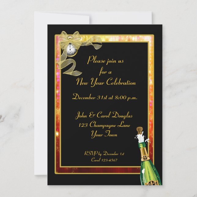New Year Black Gold Champagne Invitation (Front)
