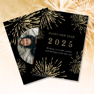 New Year Black Gold Firework Photo Holiday Card
