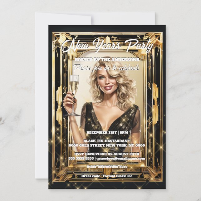 New Year black gold singles party elegant woman Invitation (Front)