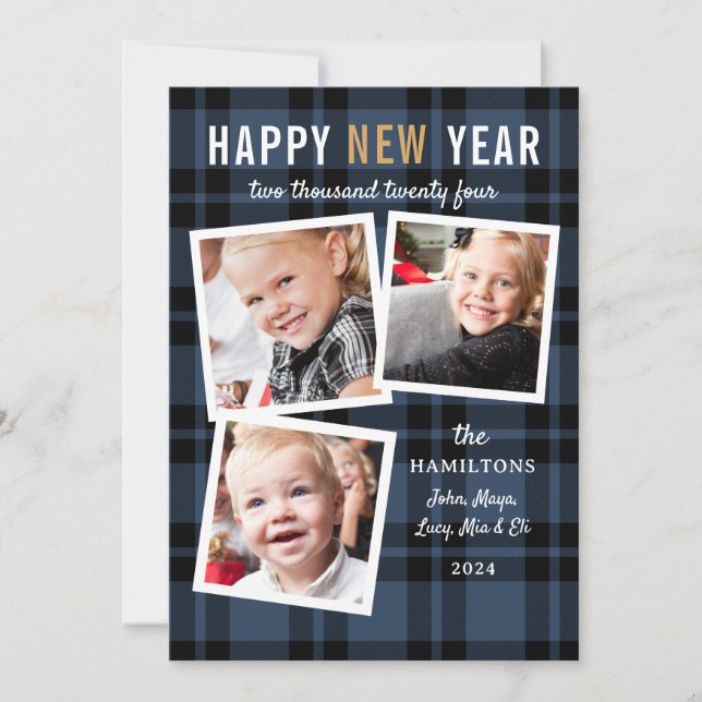 New Year Blue Plaid Photo Card (Front)
