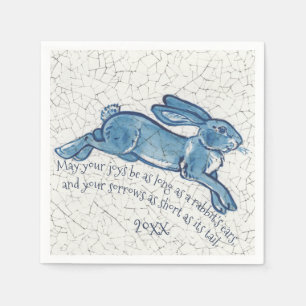 New Year Blue White Bunny Rabbit Delft Dedham Date Napkin