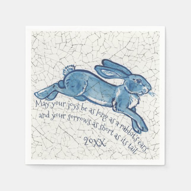 New Year Blue White Bunny Rabbit Delft Dedham Date Napkin (Front)
