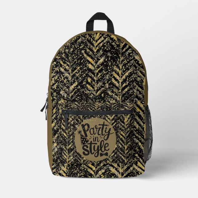 New Year Celebrate, Party in Style,Black Gold Art  Printed Backpack (Front)