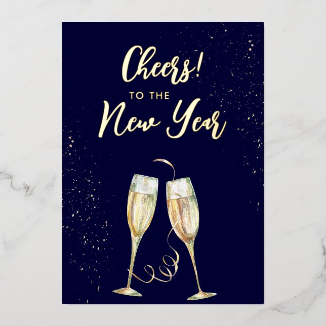 New Year Champagne Glasses Navy Foil Holiday Card (Front)