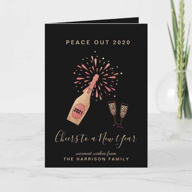 New Year Champagne Peace Out 2020 Gold Black Holiday Card (Front)