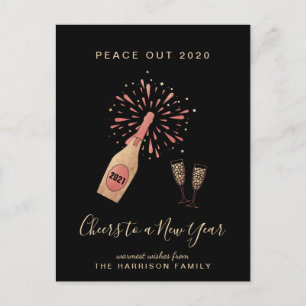 New Year Champagne Peace Out 2020 Gold Black Holiday Postcard