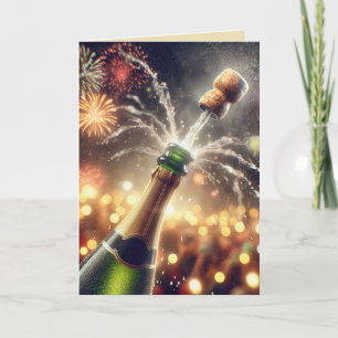 New Year Champagne With Popping Cork Holiday Card