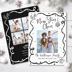 New Year Cheer 5 Photo Black White Hand Drawn Fun Holiday Card