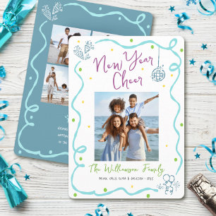 New Year Cheer 5 Photo Colorful Hand Drawn Sketch Holiday Card