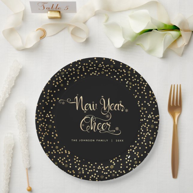 New Year Cheer Black Gold Script Snowflake Glitter Paper Plate (Wedding)