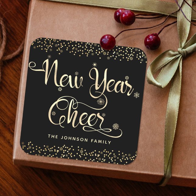 New Year Cheer Black Gold Script Snowflake Glitter Square Sticker (Creator Uploaded)
