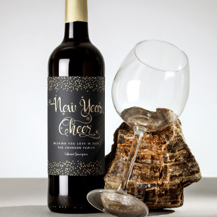 New Year Cheer Black Gold Script Snowflake Glitter Wine Label