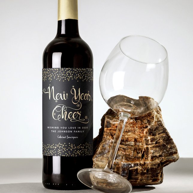 New Year Cheer Black Gold Script Snowflake Glitter Wine Label (Creator Uploaded)