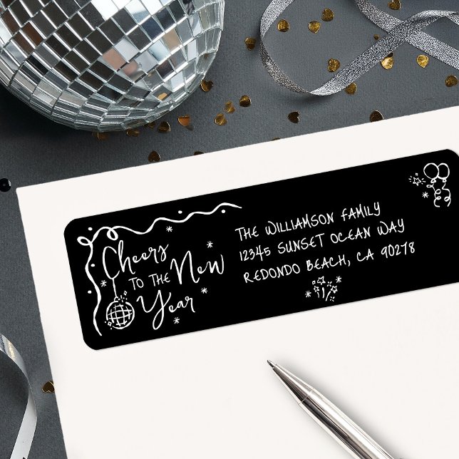 New Year Cheer Black White Hand Drawn Fun Address (Creator Uploaded)
