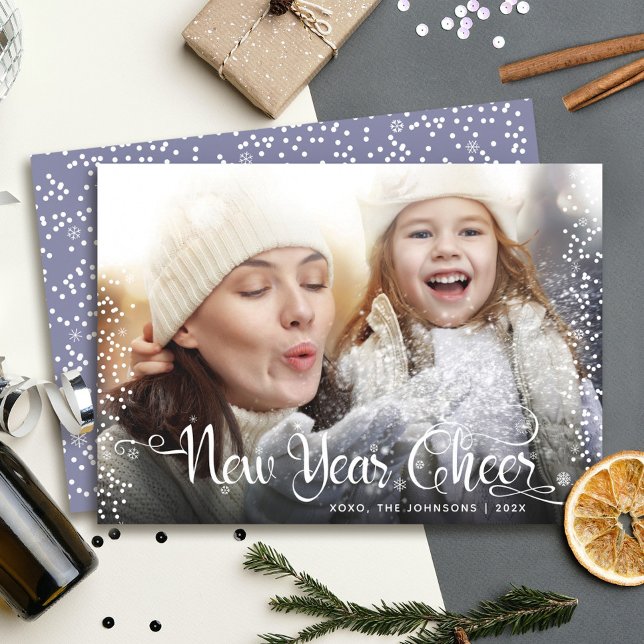 New Year Cheer Bold Modern White Snowflakes Photo Holiday Card (Creator Uploaded)