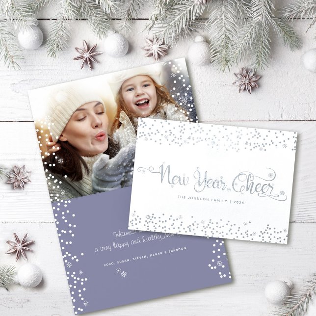 New Year Cheer Chic Modern White Snowflakes Photo Foil Card (Creator Uploaded)