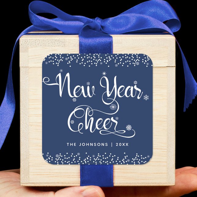 New Year Cheer Chic White Snowflakes Navy Custom Square Sticker (Creator Uploaded)