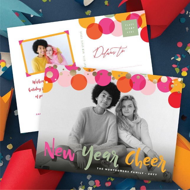 New Year Cheer Colourful & Fun Confetti Dots Photo Holiday Postcard (New Year Cheer Colorful & Fun Confetti Dots Photo Holiday Postcard @ fat_fa_tin)