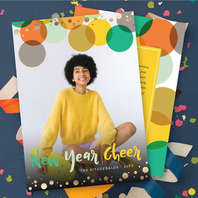 New Year Cheer Fun & Colourful Confetti Dots Photo Holiday Card (Creator Uploaded)