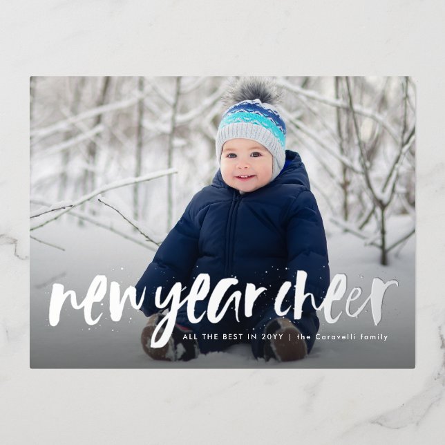 New Year Cheer fun playful one photo Foil Holiday Postcard (Front)