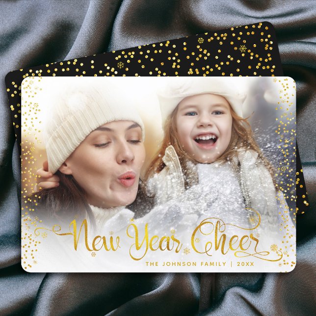 New Year Cheer Gold Glitter Dots Photo Modern Bold Holiday Card (Creator Uploaded)