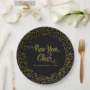 “New Year Cheer” Gold Snowflake & Typography Black Paper Plate