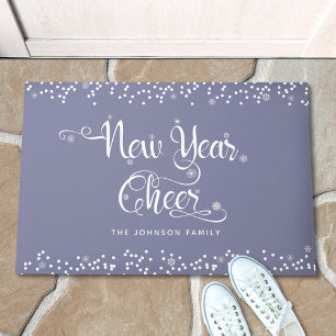 New Year Cheer Grey White Snowflakes Script Name Doormat