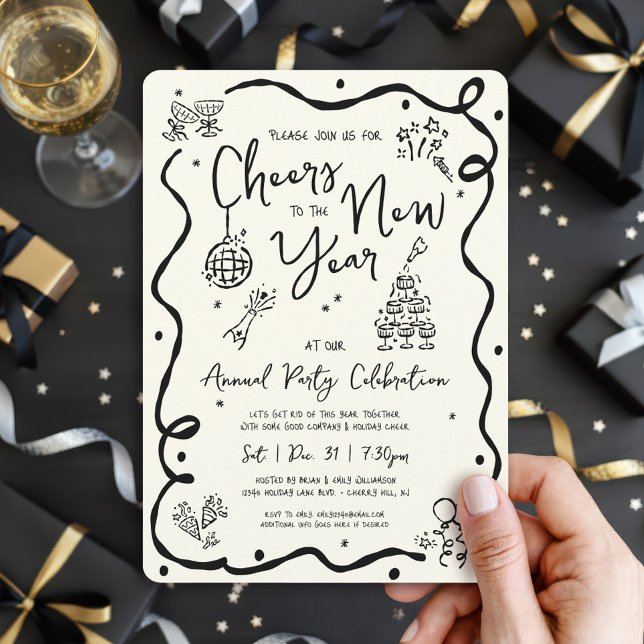New Year Cheer Hand Drawn Doodle Cream Black Party Invitation (Creator Uploaded)