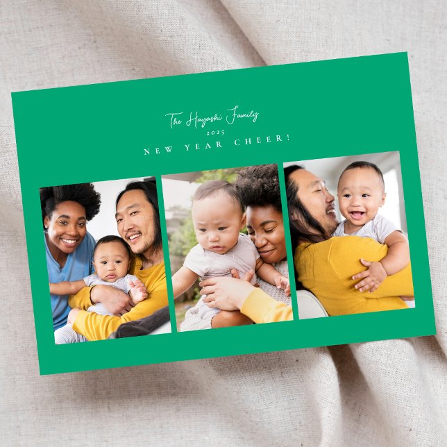 new year cheer minimalist 4 photo collage script holiday card (Creator Uploaded)