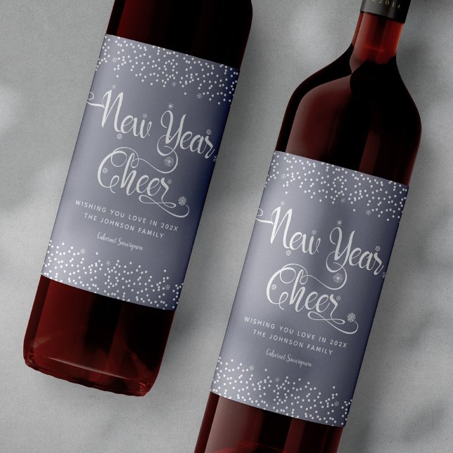 New Year Cheer Modern White Snowflakes Gray Custom Wine Label (Creator Uploaded)