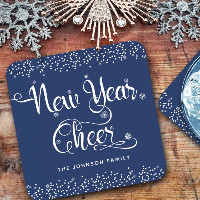 New Year Cheer Navy White Snowflakes Script Custom Coaster (Creator Uploaded)