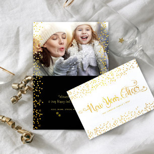New Year Cheer Photo Gold Script Snowflakes Real Foil Card