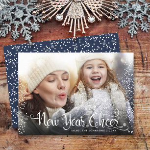 New Year Cheer Photo White Snowflakes Script Navy  Holiday Card