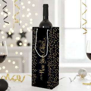 New Year Cheer Script Snowflakes Chic Gold Black  Wine Gift Bag