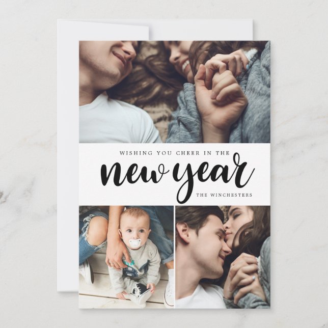 New Year Cheer Three Photo Collage New Year Card (Front)