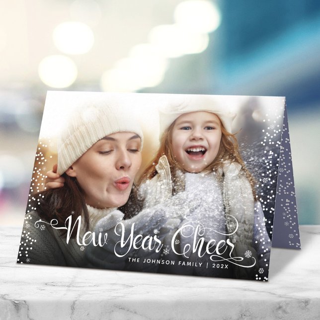 New Year Cheer Typography White Snowflake Photo Holiday Card (Creator Uploaded)