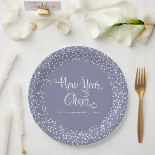 New Year Cheer White Snowflakes Script Grey Custom Paper Plate