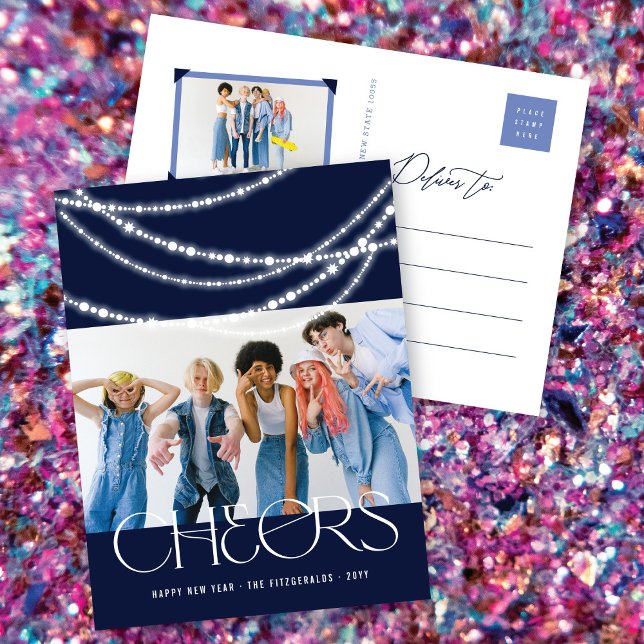 New Year Cheers Sparkling Lights Stylish Photo Holiday Postcard (Creator Uploaded)