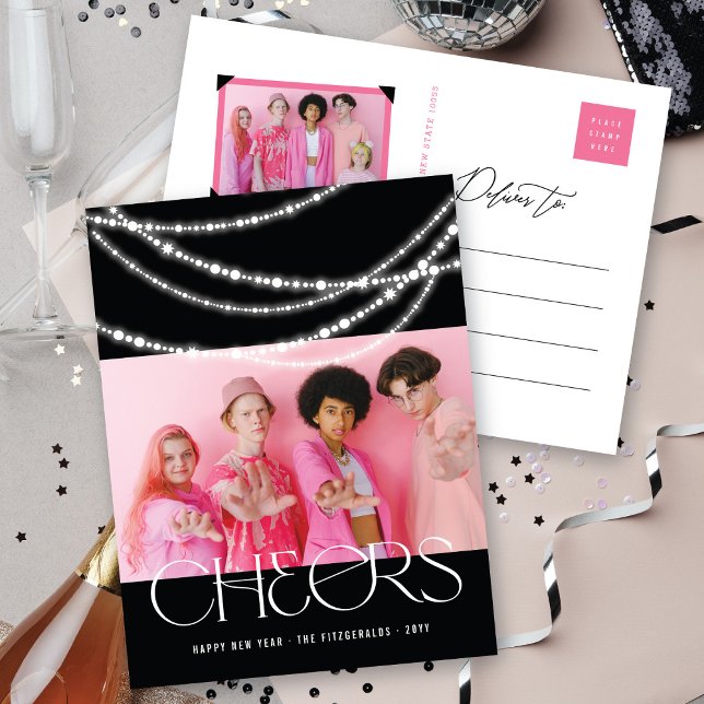 New Year Cheers Sparkling Lights Stylish Photo Holiday Postcard (Creator Uploaded)