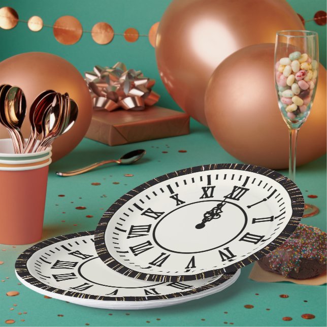 New Year Clock on Fireworks Paper Plate (Multi)