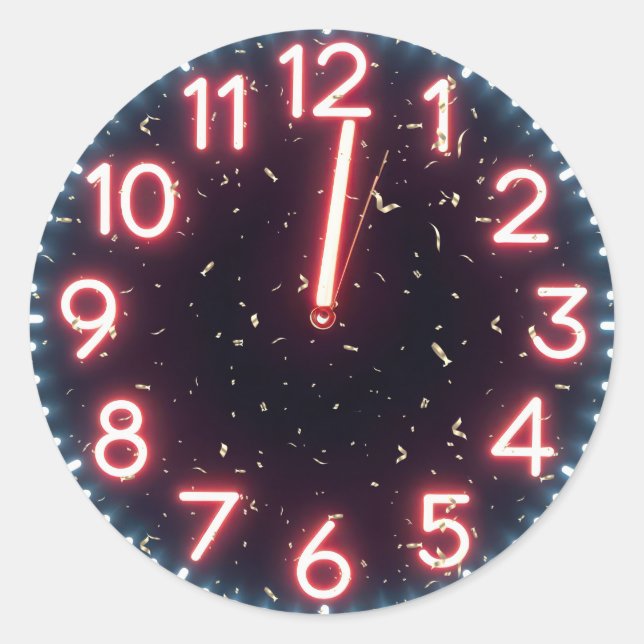 New Year Confetti On Midnight Neon Clock Classic Round Sticker (Front)