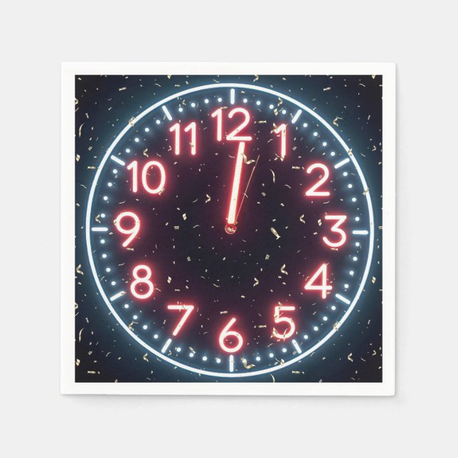 New Year Confetti On Midnight Neon Clock Napkin (Front)