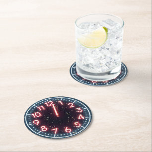 New Year Confetti On Midnight Neon Clock Round Paper Coaster