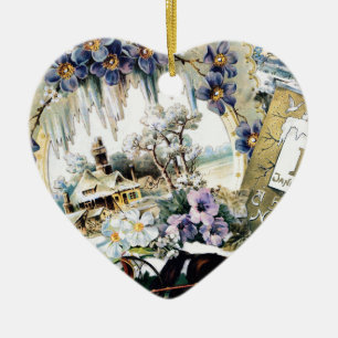 New Year Couple Horse House Flowers Victorian Art Ceramic Tree Decoration