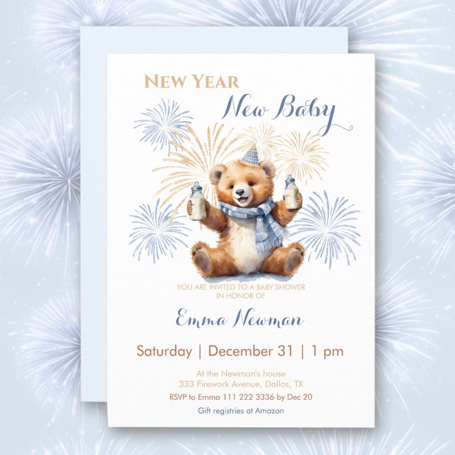 New Year Cute Bear Boy Baby Shower Invitation (New Year Cute Bear Boy Baby Shower Invitation)