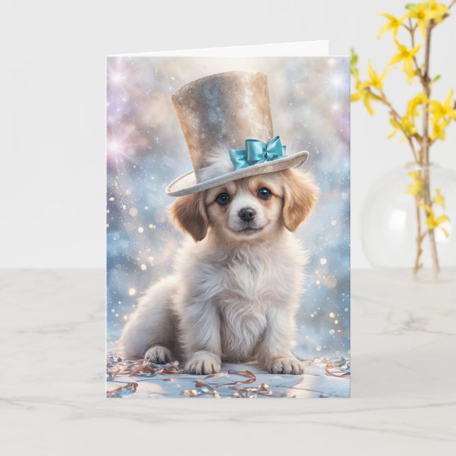 New Year Cute Puppy Sweet Face with Top Hat  Card (Yellow Flower)